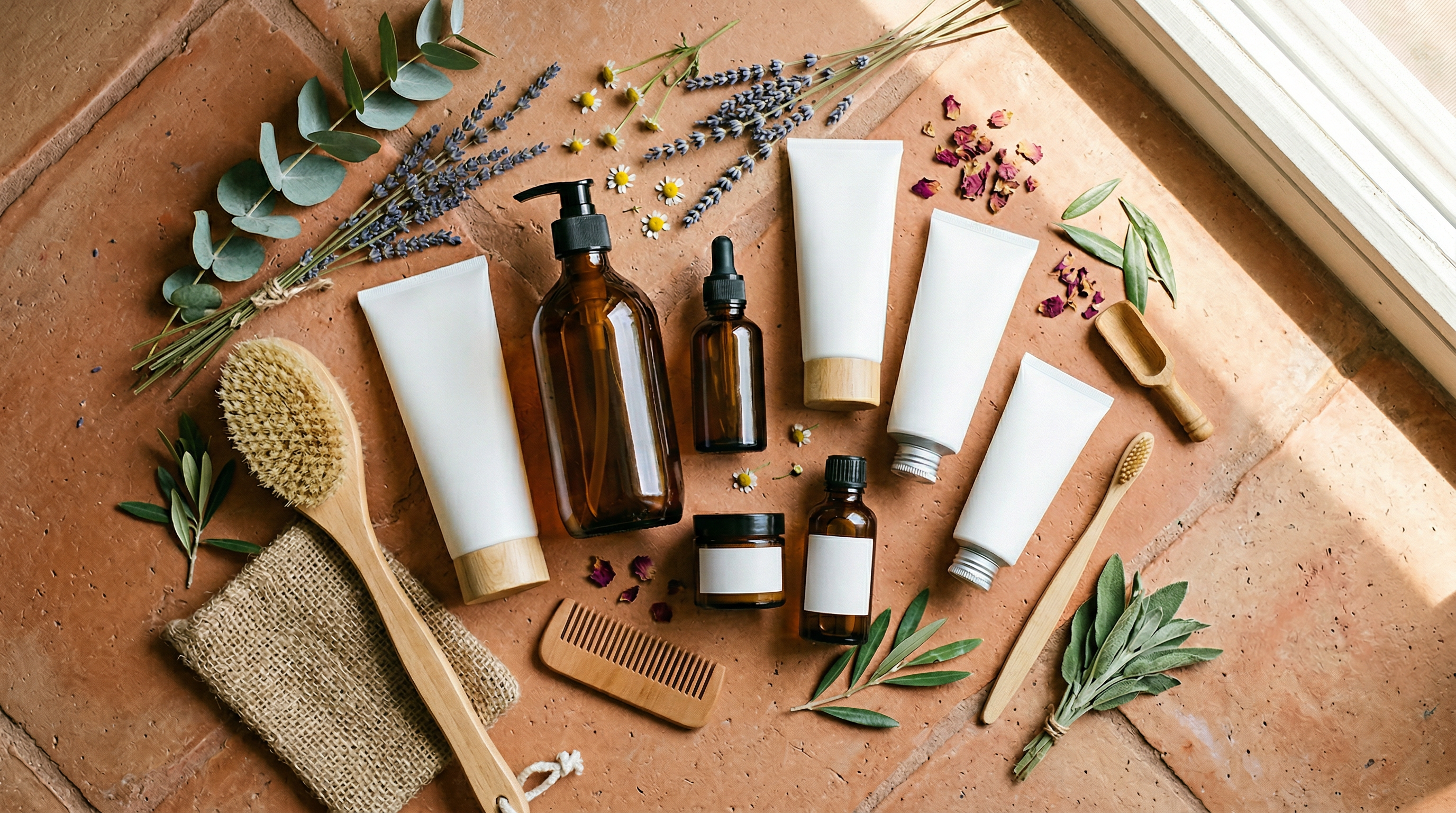 Flat lay of natural personal care products — amber bottles, white tubes, wooden brushes, and fresh botanicals arranged on a dark surface
