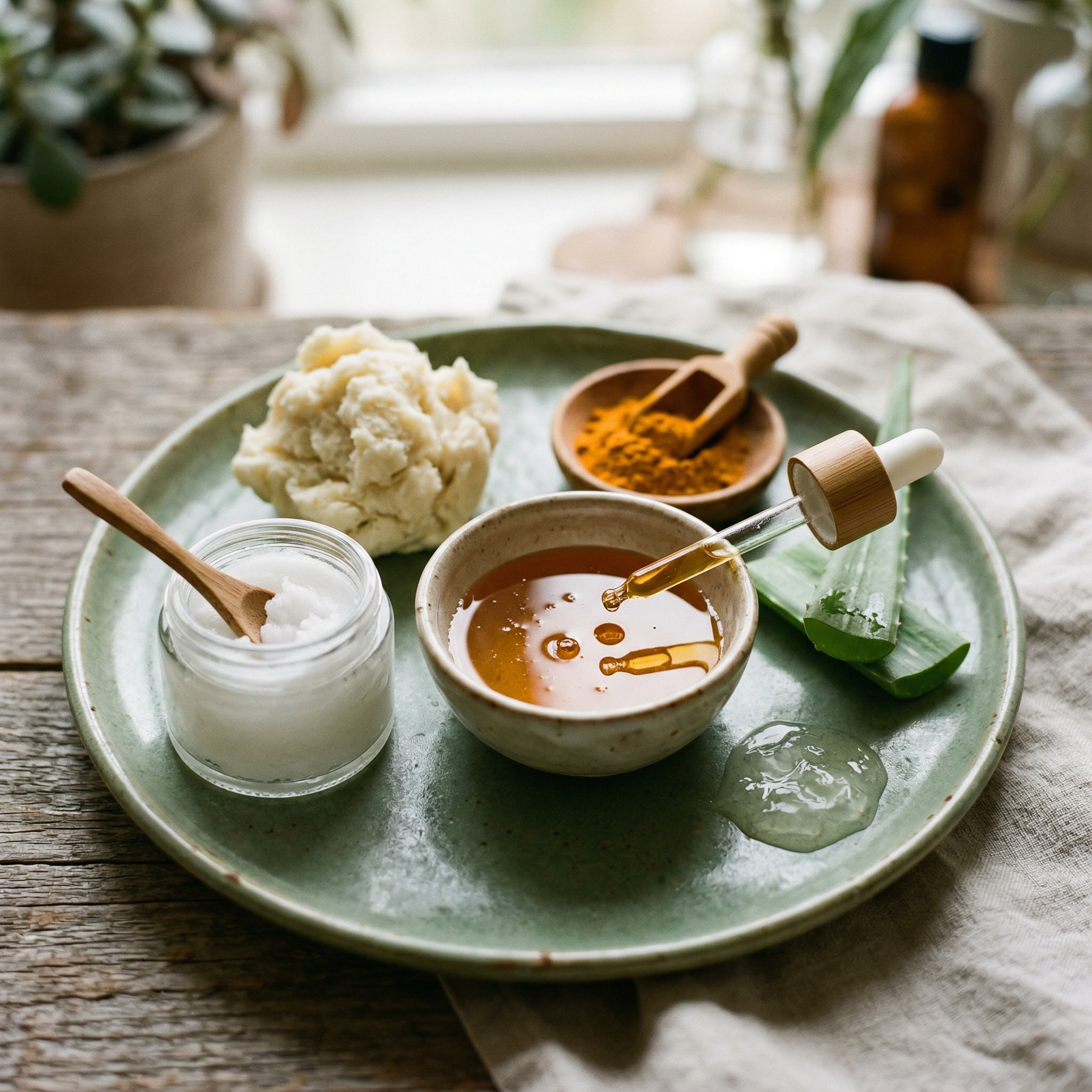 Natural personal care ingredients — shea butter, honey, aloe vera, turmeric, and essential oils