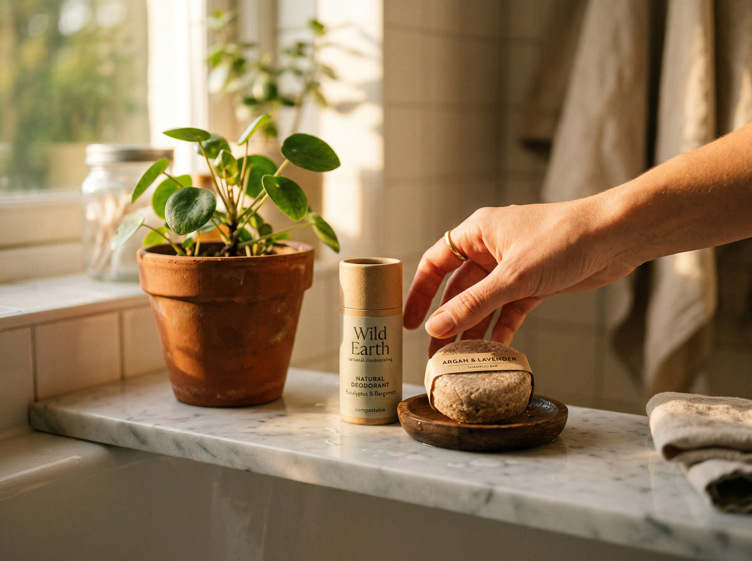 Woman reaching for natural deodorant and shampoo on a marble shelf in warm golden light
